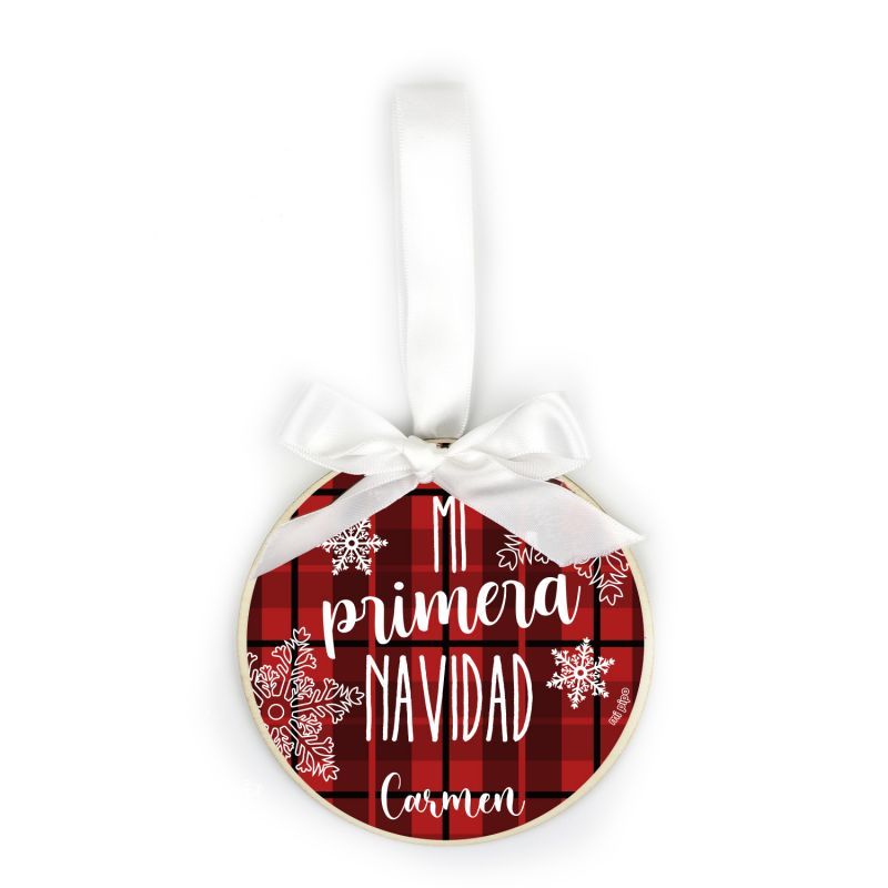 Bola Navidad MADERA Cuadros Rojos o Verdes, Mi primera Navidad personalizada Bola Navidad MADERA Cuadros Rojos o Verdes, Mi primera Navidad personalizada