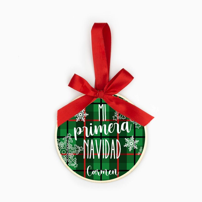 Bola Navidad MADERA Cuadros Rojos o Verdes, Mi primera Navidad personalizada - Imagen 2