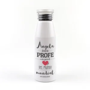 Botella Aluminio personalizada (Nombre) eres LA PROFE mas genial del Mundo mundial Corazón rojo