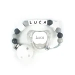 Cajita Chupete Chic Gris+ Cadenita de silicona Baby Gris personalizada
