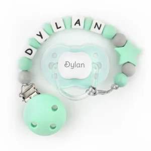 Cajita Chupete Menta + Cadenita de silicona Estrella menta personalizados