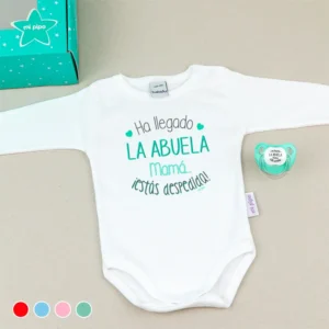 Cajita Divertida Body + Chupete Ha llegado la Abuela, Mamá…¡estás despedida! Rojo, Azul, Menta o Rosa