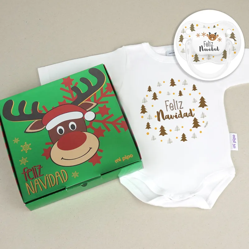 Cajita Navidad Body + Chupete New Classic Blanco Árboles Dorados Feliz Navidad Cajita Navidad Body + Chupete New Classic Blanco Árboles Dorados Feliz Navidad