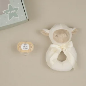 Cajita Sonajero Ovejita Beige divertida, texto a elegir