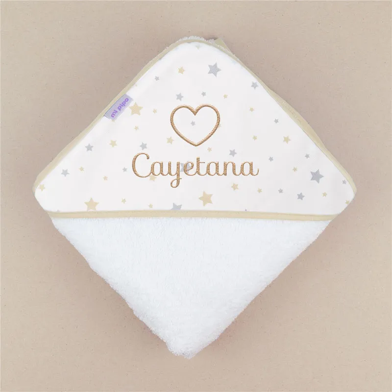 Capa de baño bordada estrellitas beige, dibujo a elegir Capa de baño bordada estrellitas beige, dibujo a elegir
