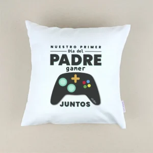 Cojín cuadrado piqué Nuestro primer día del Padre Gamer juntos