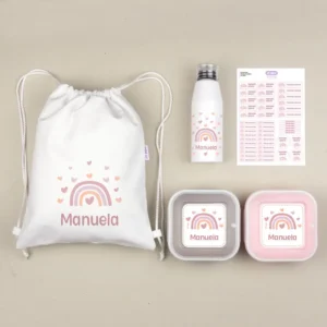 NUEVO Pack Mi Equipo para el Cole con Petate Arcoíris Blush personalizado + Regalo Etiquetas objetos