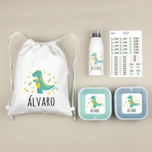 NUEVO Pack Mi Equipo para el Cole con Petate Dinosaurio personalizado + Regalo Etiquetas objetos