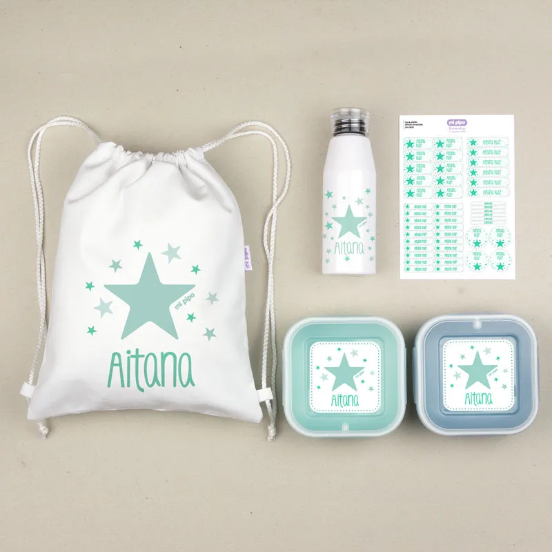 NUEVO Pack Mi Equipo para el Cole con Petate Estrella Menta personalizado + Regalo Etiquetas objetos NUEVO Pack Mi Equipo para el Cole con Petate Estrella Menta personalizado + Regalo Etiquetas objetos