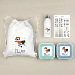 NUEVO Pack Mi Equipo para el Cole con Petate Superhéroe personalizado + Regalo Etiquetas objetos