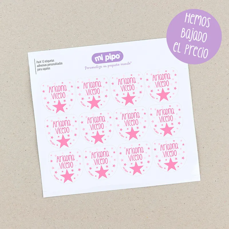 Pack 12 etiquetas personalizadas para zapatos Estrella rosa Pack 12 etiquetas personalizadas para zapatos Estrella rosa