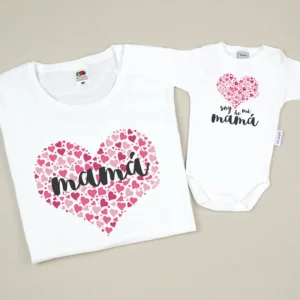 Pack 2 Prendas Mamá Soy de mi mamá corazón de corazones FUCSIA personalizable