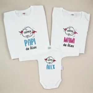Pack 3 Prendas Cómic Súper Papi de / Súper Mami de / Súper (nombre hijo)