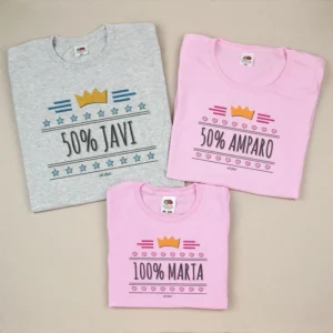 Pack 3 Prendas Personalizadas 50% (nombre mamá), 50% (nombre papá), 100% (nombre niño)