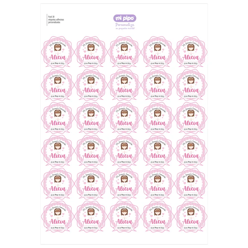 Pack 30 etiquetas personalizadas para objetos Comunión Niña Pack 30 etiquetas personalizadas para objetos Comunión Niña