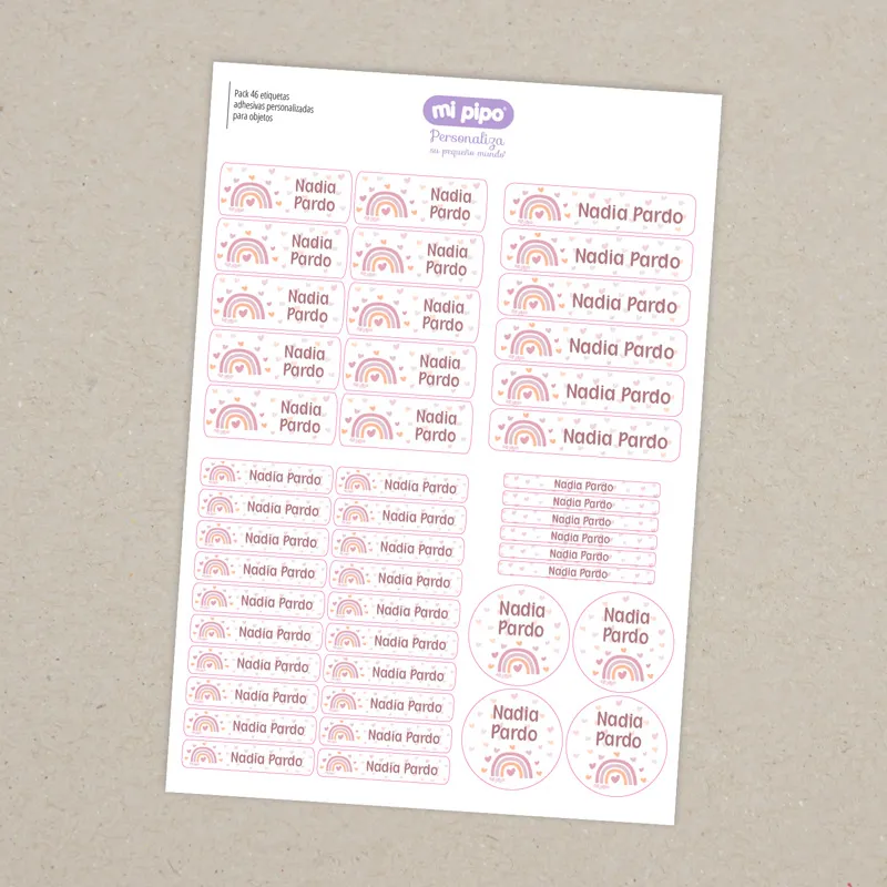 Pack 46 etiquetas adhesivas personalizadas para objetos Arcoíris Blush Pack 46 etiquetas adhesivas personalizadas para objetos Arcoíris Blush