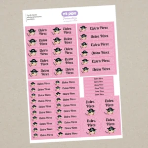 Pack 46 etiquetas adhesivas personalizadas para objetos Pirata Chica Rosa
