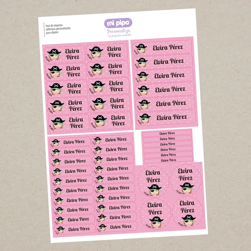 Pack 46 etiquetas adhesivas personalizadas para objetos Pirata Chica Rosa Pack 46 etiquetas adhesivas personalizadas para objetos Pirata Chica Rosa