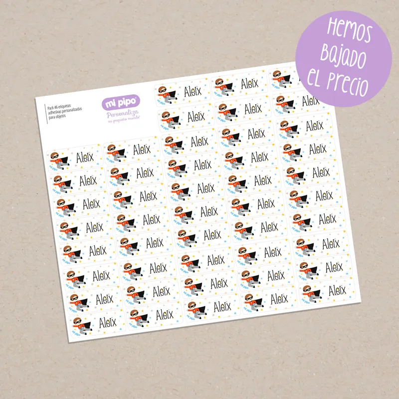 Pack 46 etiquetas adhesivas personalizadas para objetos Superhéroe Pack 46 etiquetas adhesivas personalizadas para objetos Superhéroe