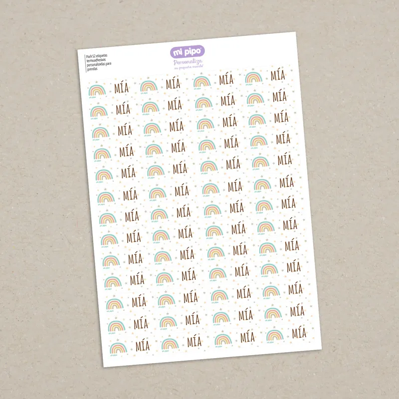 Pack 52 etiquetas termoadhesivas personalizadas para prendas Arcoíris Soft Pack 52 etiquetas termoadhesivas personalizadas para prendas Arcoíris Soft