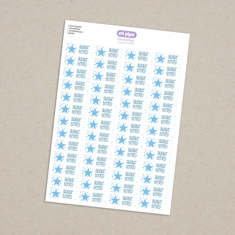 Pack 52 etiquetas termoadhesivas personalizadas para prendas Estrella azul Pack 52 etiquetas termoadhesivas personalizadas para prendas Estrella azul