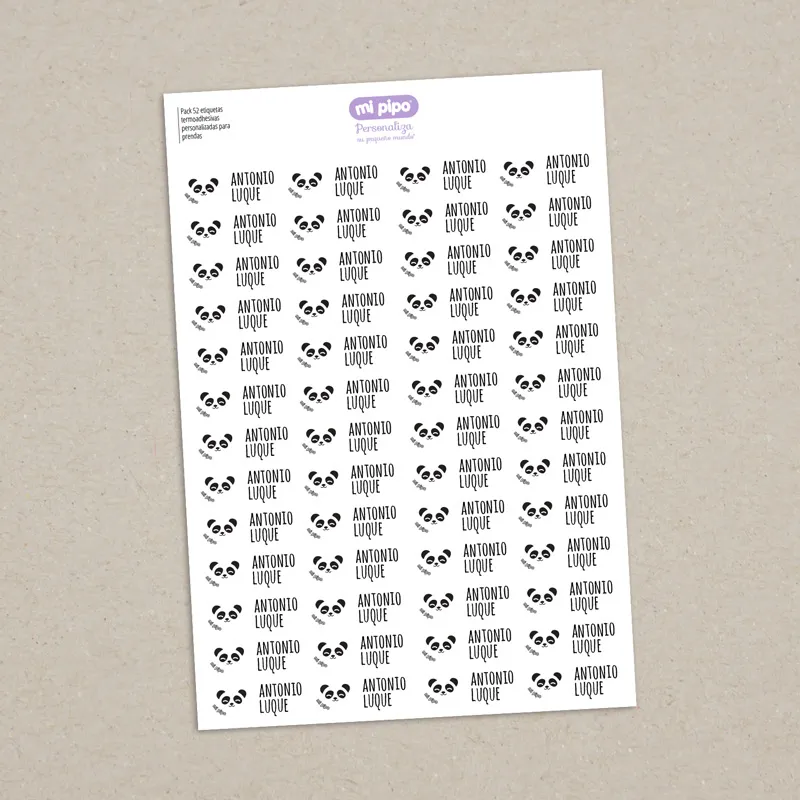 Pack 52 etiquetas termoadhesivas personalizadas para prendas Panda Pack 52 etiquetas termoadhesivas personalizadas para prendas Panda