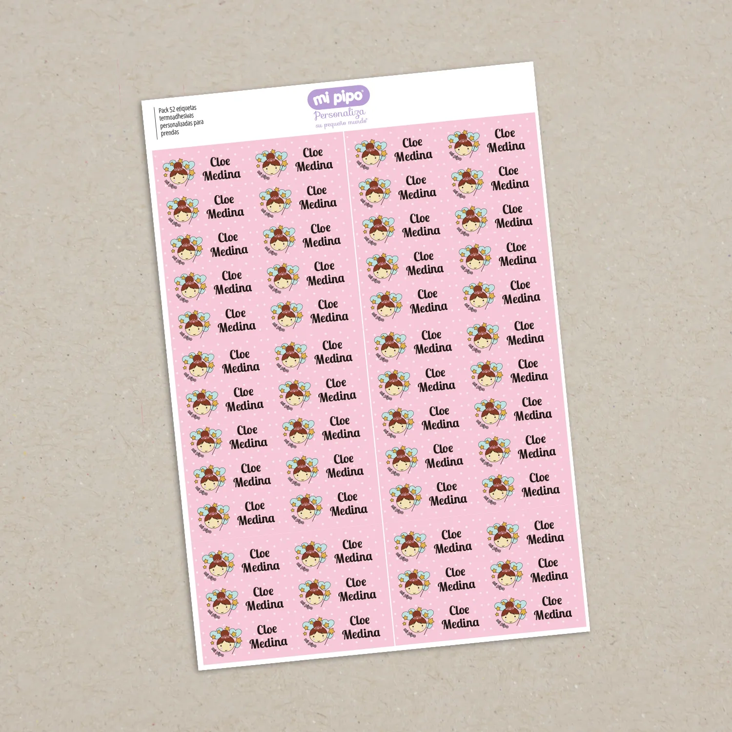 Pack 52 etiquetas termoadhesivas personalizadas para ropa Hada Pack 52 etiquetas termoadhesivas personalizadas para ropa Hada
