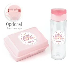 Pack Botella 600ml + Cajita Porta Alimentos Arcoíris Blush Rosa personalizadas