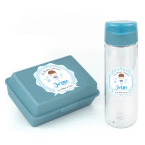 Pack Botella 600ml + Cajita Porta Alimentos Azul personalizadas Comunión