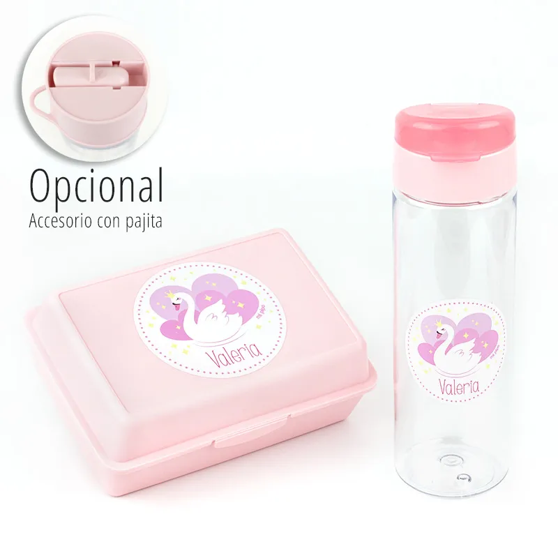 Pack Botella 600ml + Cajita Porta Alimentos Cisne Rosa personalizadas Pack Botella 600ml + Cajita Porta Alimentos Cisne Rosa personalizadas