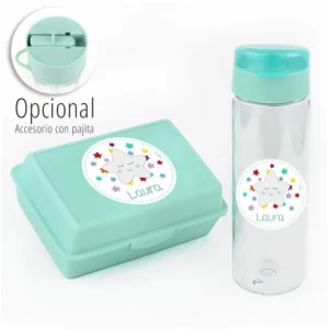 Pack Botella 600ml + Cajita Porta Alimentos Estrella Sonrisa Menta personalizadas