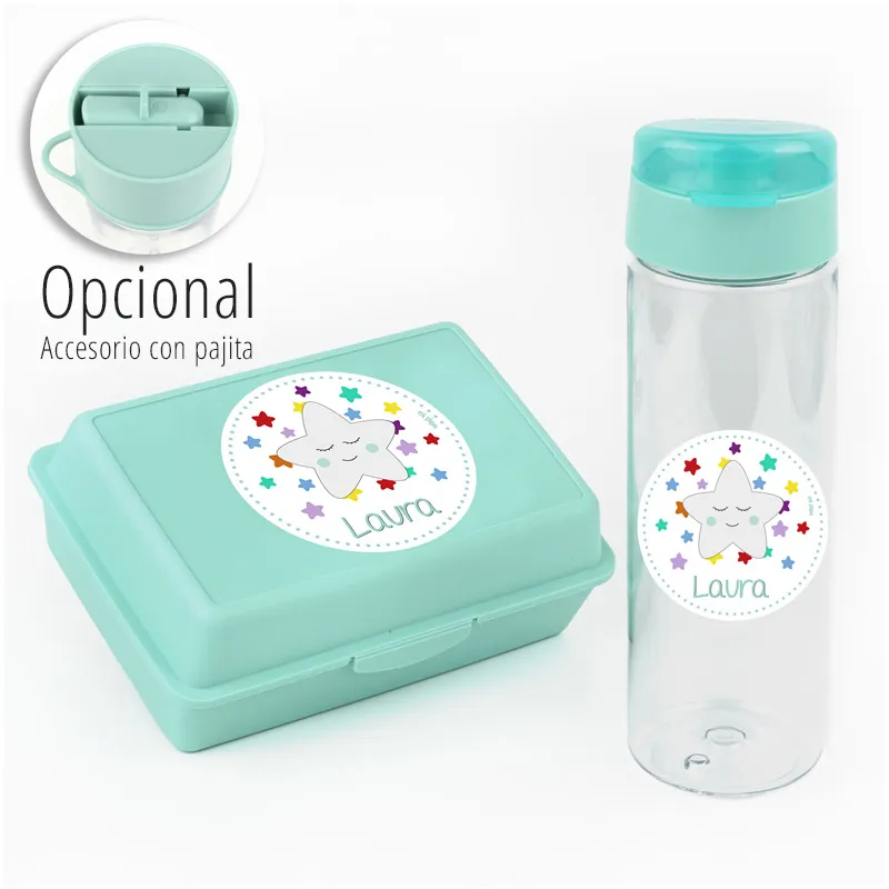 Pack Botella 600ml + Cajita Porta Alimentos Estrella Sonrisa Menta personalizadas Pack Botella 600ml + Cajita Porta Alimentos Estrella Sonrisa Menta personalizadas
