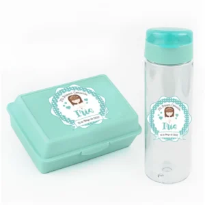 Pack Botella 600ml + Cajita Porta Alimentos Menta personalizadas Comunión Niña
