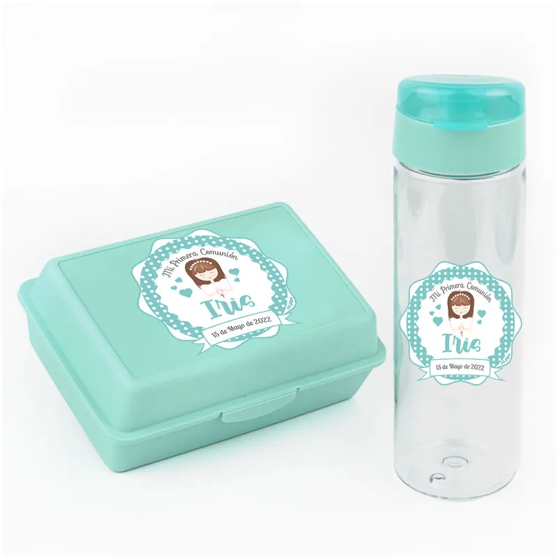 Pack Botella 600ml + Cajita Porta Alimentos Menta personalizadas Comunión Niña Pack Botella 600ml + Cajita Porta Alimentos Menta personalizadas Comunión Niña