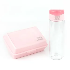 Pack Botella 600ml + Cajita Porta Alimentos Rosa personalizadas