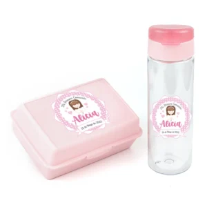 Pack Botella 600ml + Cajita Porta Alimentos Rosa personalizadas Comunión