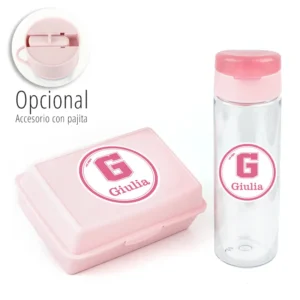 Pack Botella 600ml + Cajita Porta Alimentos School Rosa personalizadas