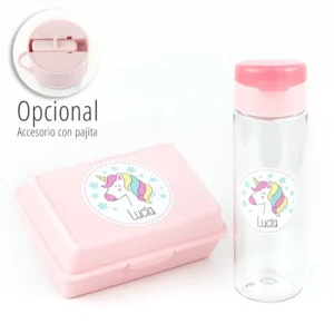 Pack Botella 600ml + Cajita Porta Alimentos Unicornio Rosa personalizadas