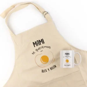 Pack Delantal Mamá + Taza Personalizado Mami te queremos un huevo (nombres)