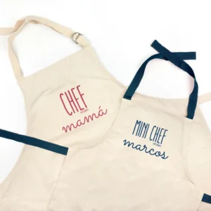 Pack Delantal Mamá y Delantal Niño/a Azul Personalizado Chef mamá, mini chef (nombre)