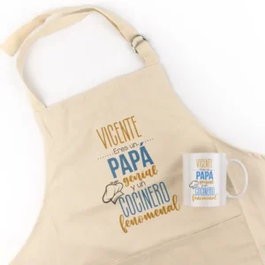 Pack Delantal Papá + Taza (Nombre) Es un Papá genial y un Cocinero Fenomenal
