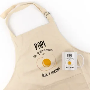 Pack Delantal Papá + Taza Personalizado Papi te queremos un huevo (nombres)