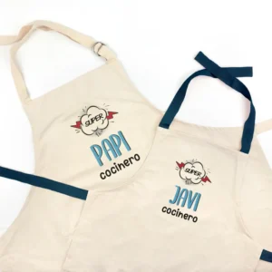Pack Delantal Papá y Delantal Niño/a Azul Personalizado Súper Papi y Súper (nombre) cocinero