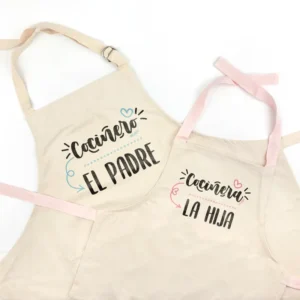 Pack Delantal Papá y Delantal Niño/a Rosa Diverrtido Cocinero el padre, cocinera la hija