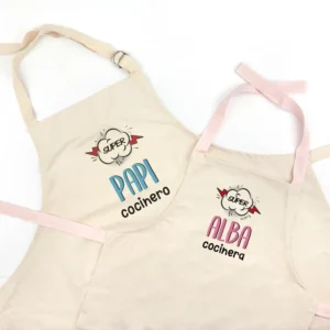 Pack Delantal Papá y Delantal Niño/a Rosa Personalizado Súper Papi cocinero Cómic y Súper (nombre)