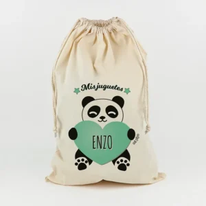 Saco para Juguetes Personalizado Panda Corazón menta