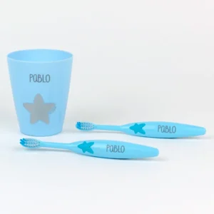 Set 2 Cepillos de dientes y Vasito Personalizados Azul