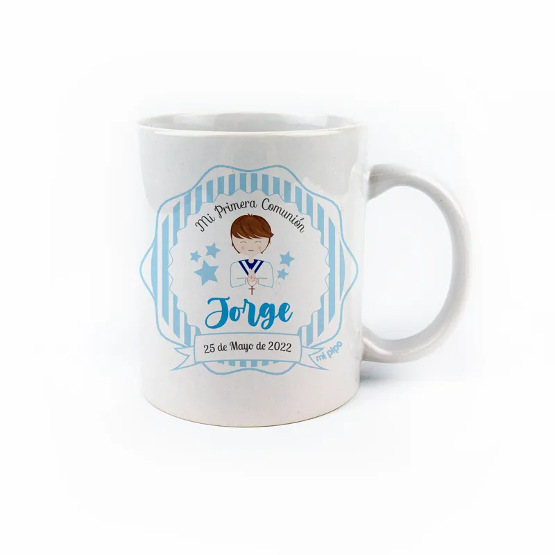 Taza cerámica o plástico Comunión Azul Niño personalizada Taza cerámica o plástico Comunión Azul Niño personalizada