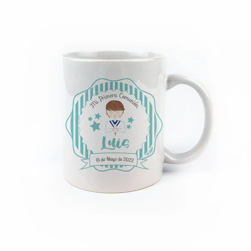 Taza cerámica o plástico Comunión Menta personalizada Niño Taza cerámica o plástico Comunión Menta personalizada Niño