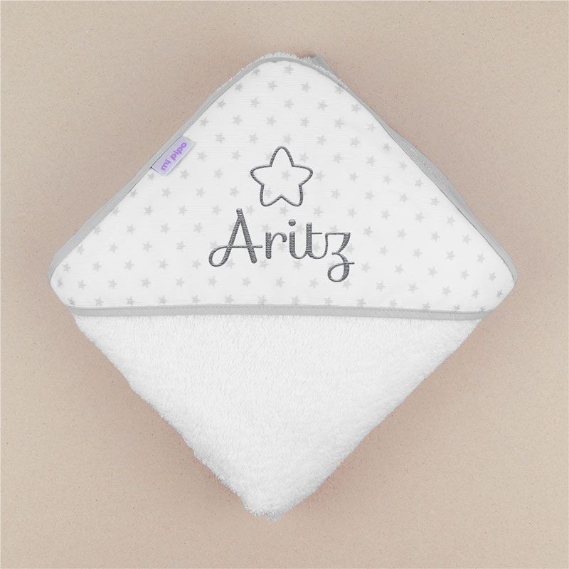 Capa de baño bordada estrellitas gris, dibujo a elegir Capa de baño bordada estrellitas gris, dibujo a elegir